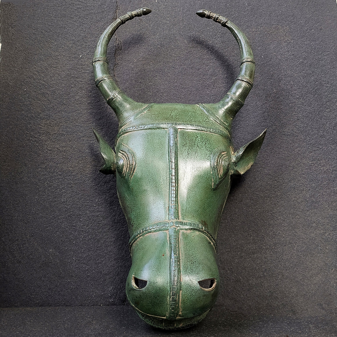 Majestic Brass Nandi Bull - Vahan Of Lord Shiva Crafted With A Rich Green Patina. Height 45 cm x Width 25 cm x Depth 11 cm