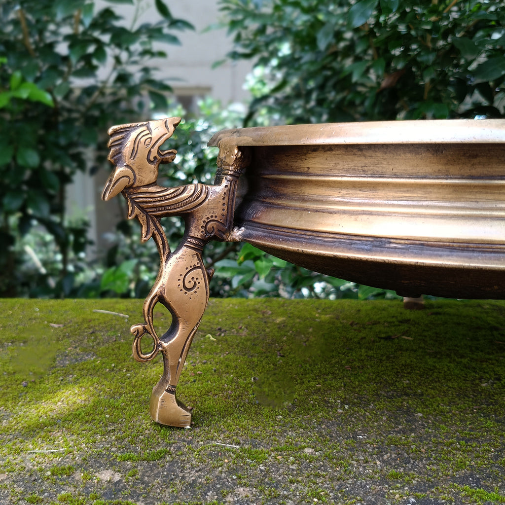 Traditional Brass Urli Handcrafted With 3 Mythical Yali Legs. Diameter 28 cm x Height 15 cm