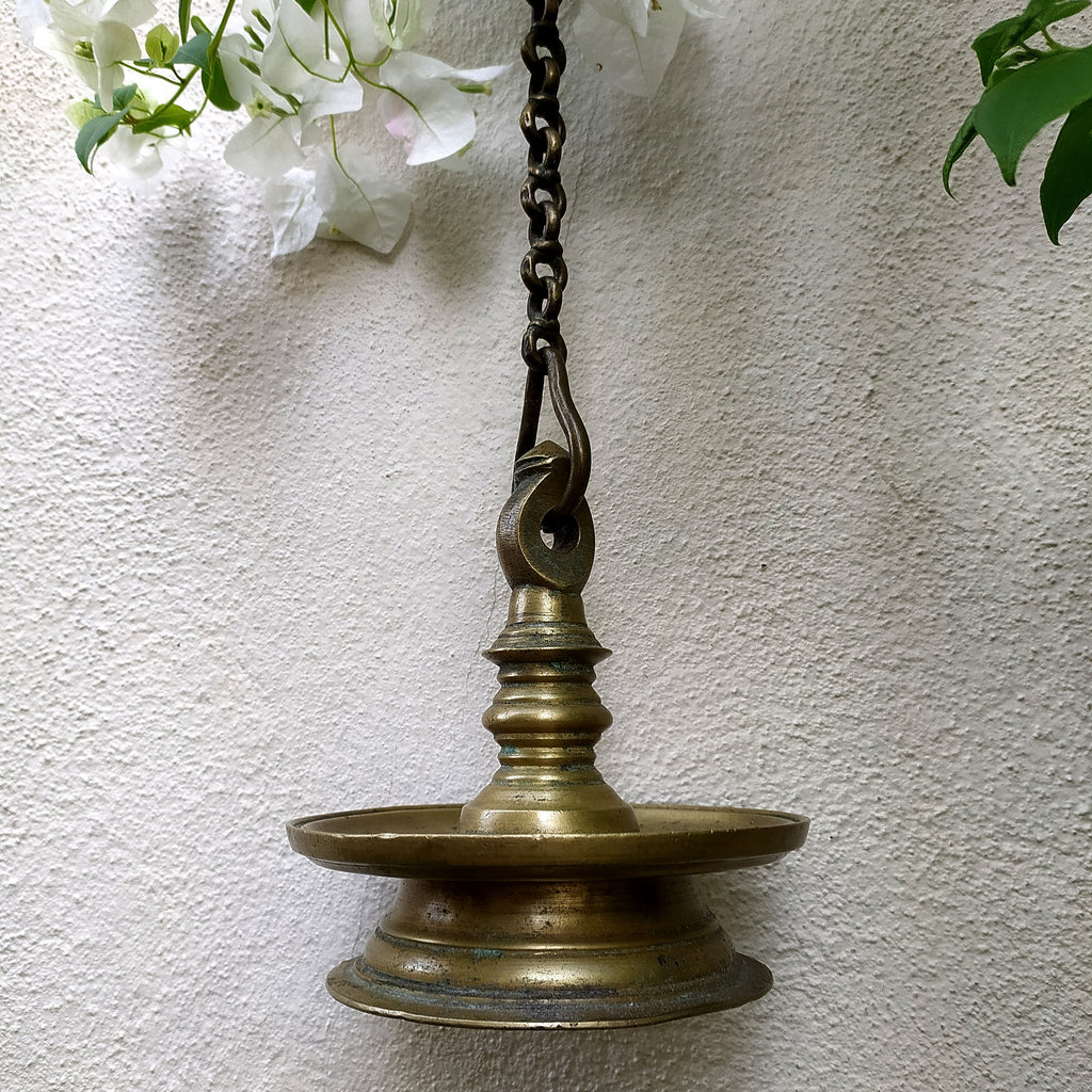 Traditional Brass Oil Lamp - "Thooku Vilakku" From South India. Length 86 cm x Diameter 14 cm