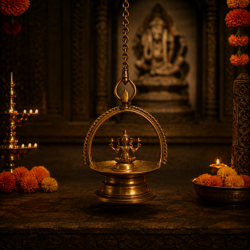 Divine Brass Lamp Of Lord Ganesha, Length 93 cm, Religious Home Decor