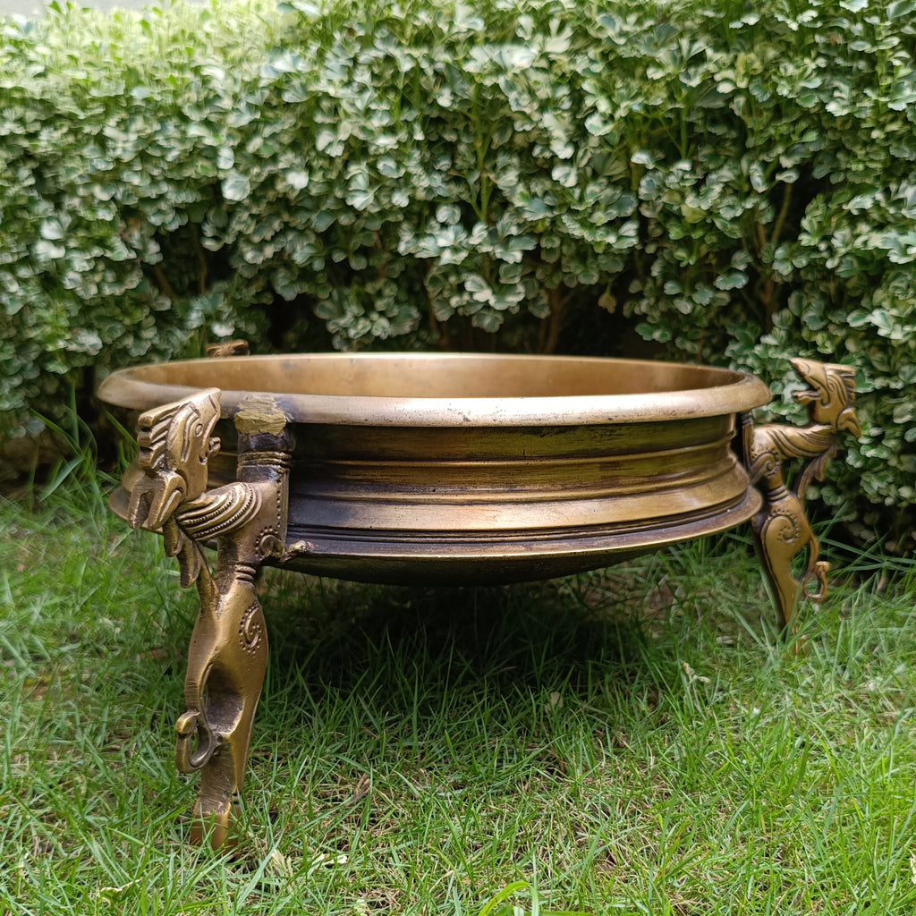 Traditional Brass Urli Handcrafted With 3 Mythical Yali Legs. Diameter 28 cm x Height 15 cm