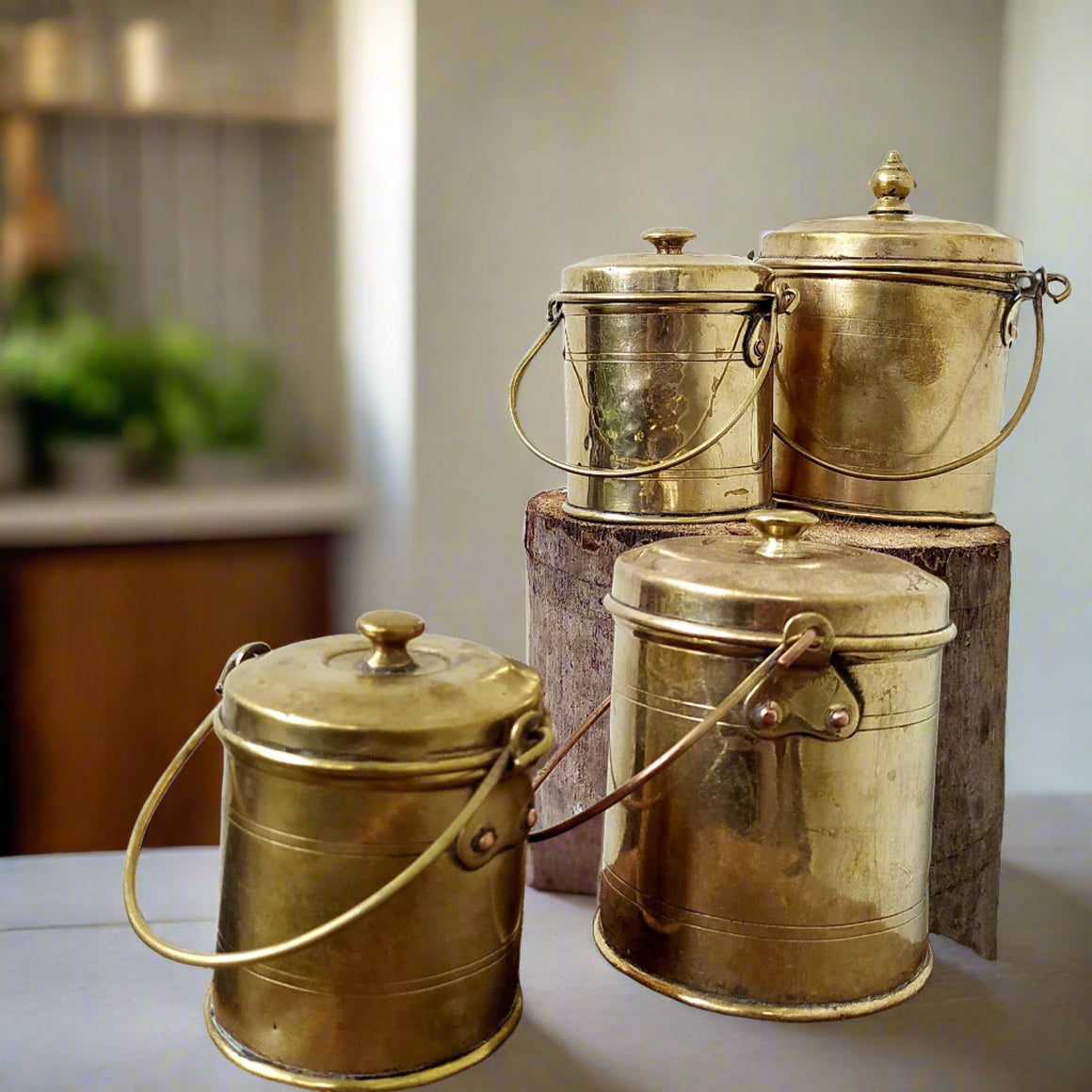 Collection Of 4 Vintage Brass Storage Cannisters | Pails With Lid And Handles. Heights 13, 11, 10 & 9 cm