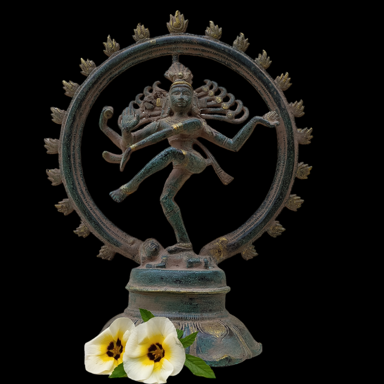 Majestic Vintage Brass Sculpture of Lord Shiva As Dancing Natraja In Green & Gold Patina. Ht 28 cm x W 24 cm