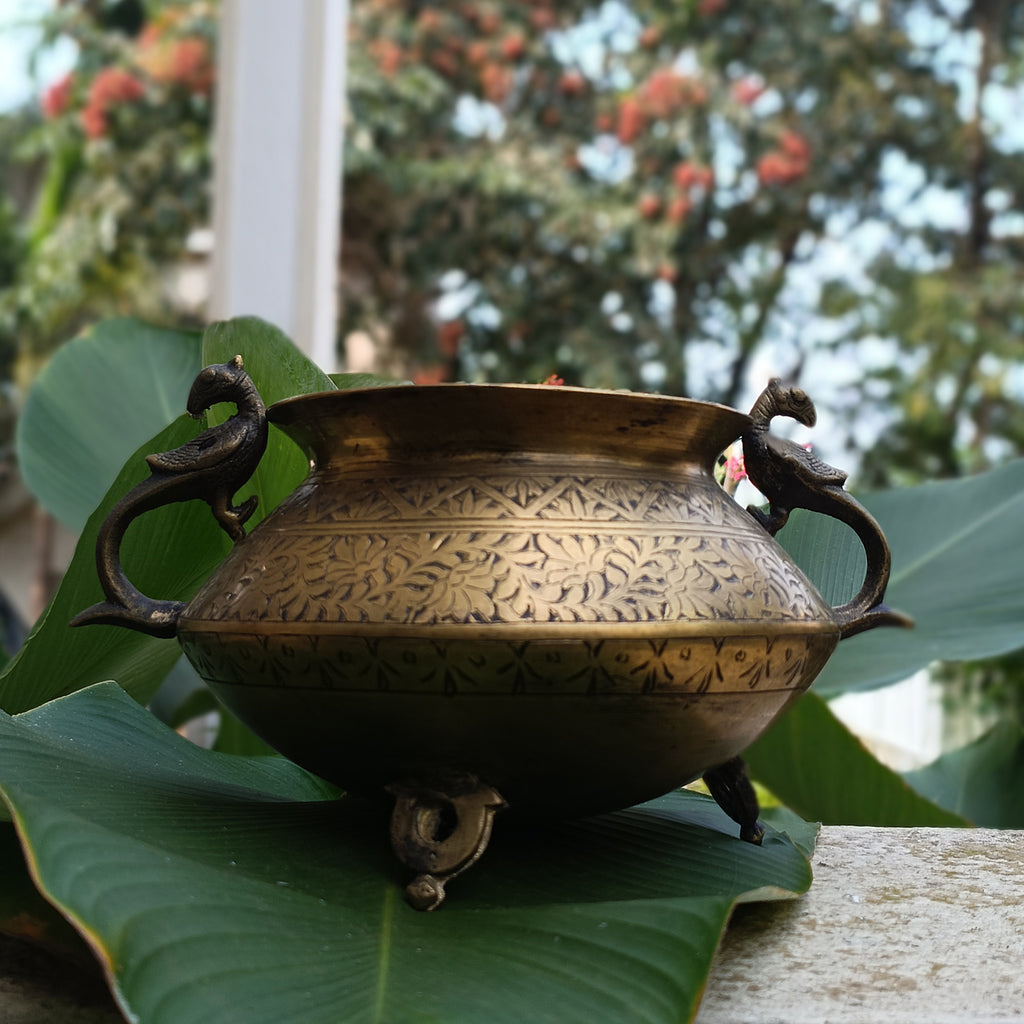 Vintage Brass Planter With Peacock Handles Hand Engraved With Floral Motifs. Height 19 cm x Diameter 18 cm