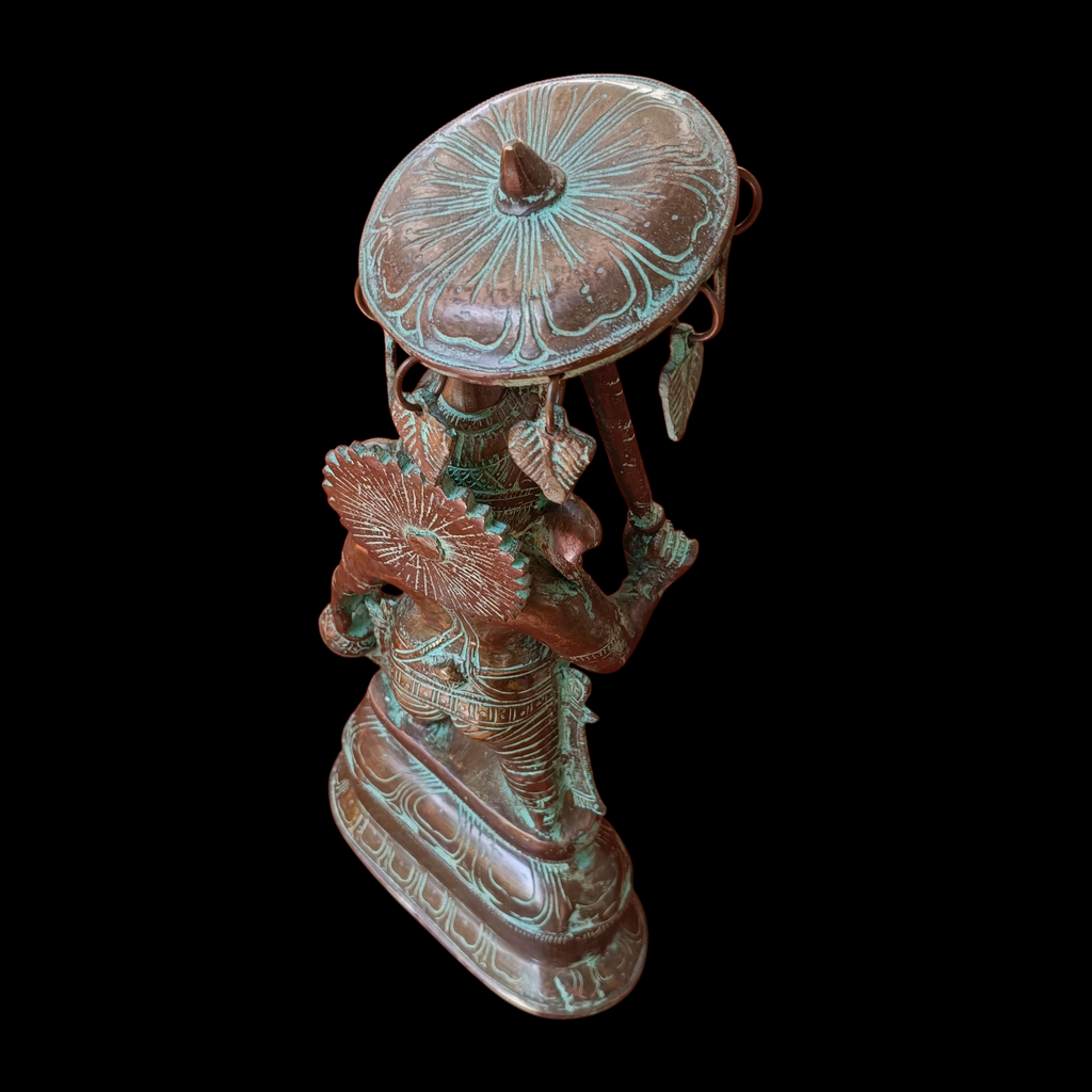 Traditional Ganesha Statue Standing Under Umbrella Holding Modaka & Water Vessel. Height 40 cm