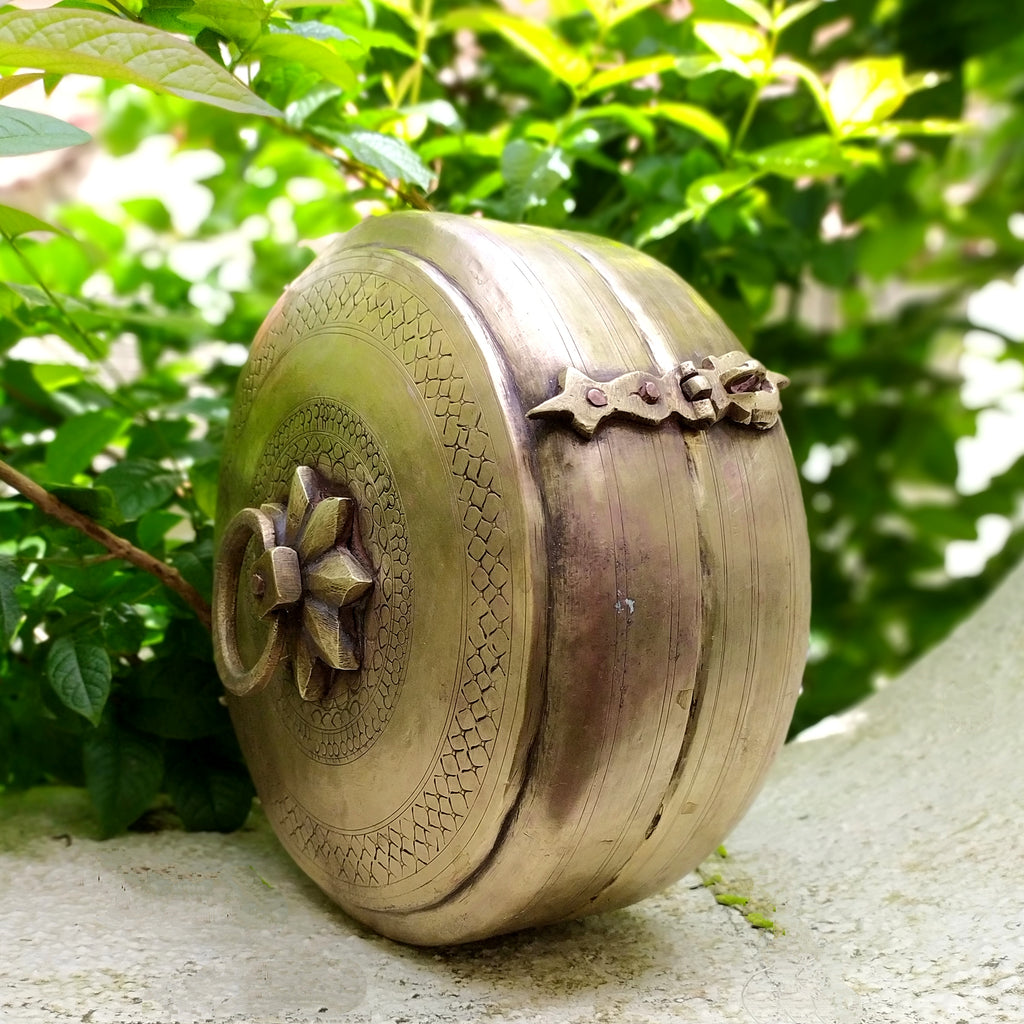 Traditional Brass Chappati Dabba | Bread Box From Northern India - Dia 22 cm x Ht 10 cms