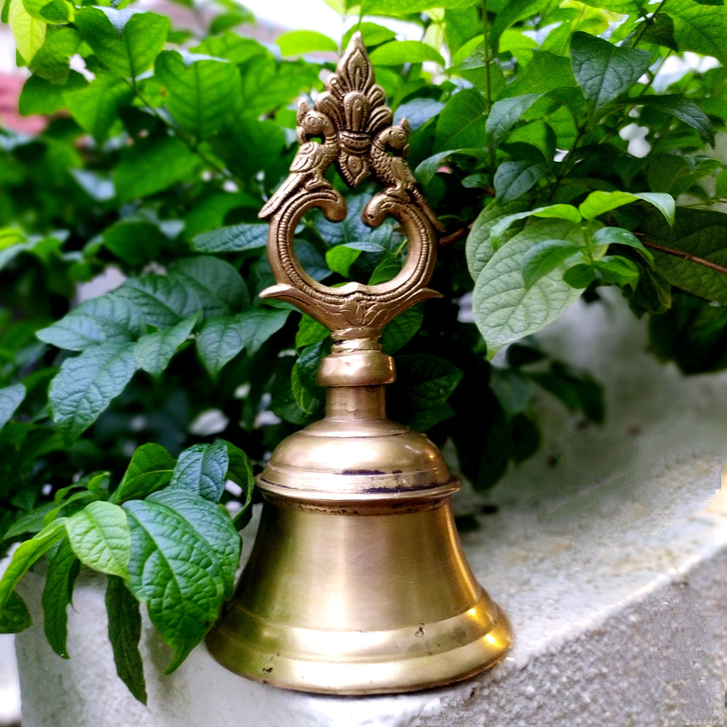 Magnificent Brass Temple Bell With Twin Peacocks. Height 22 cm x Diameter 11 cm