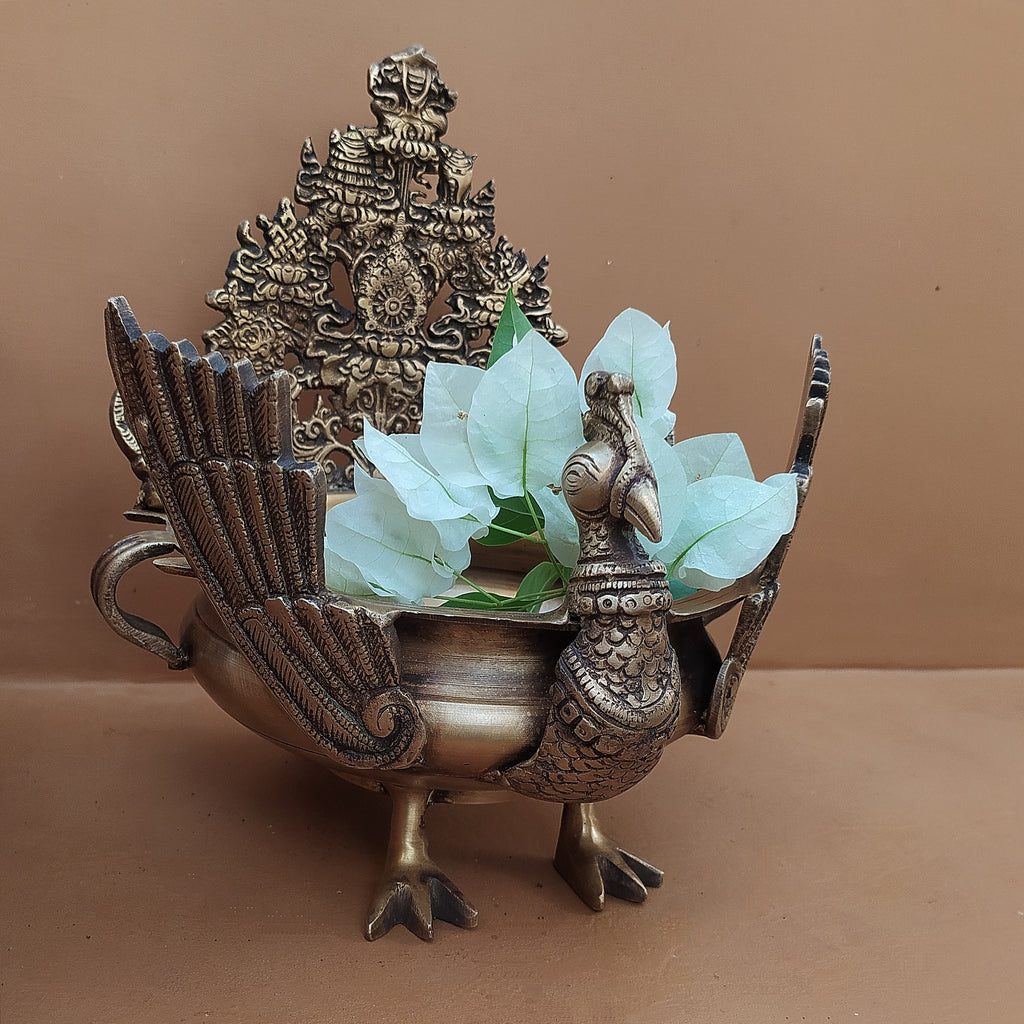 Majestic Brass Peacock Urli For Floating Flowers & Diyas - Height 29 cm x Length 23 cm x Diameter 20 cm