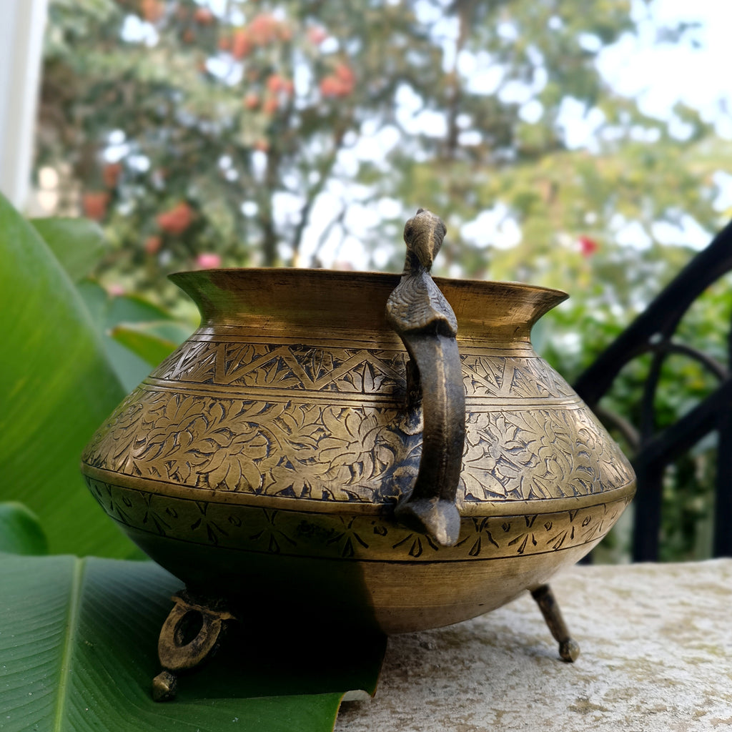 Vintage Brass Planter With Peacock Handles Hand Engraved With Floral Motifs. Height 19 cm x Diameter 18 cm