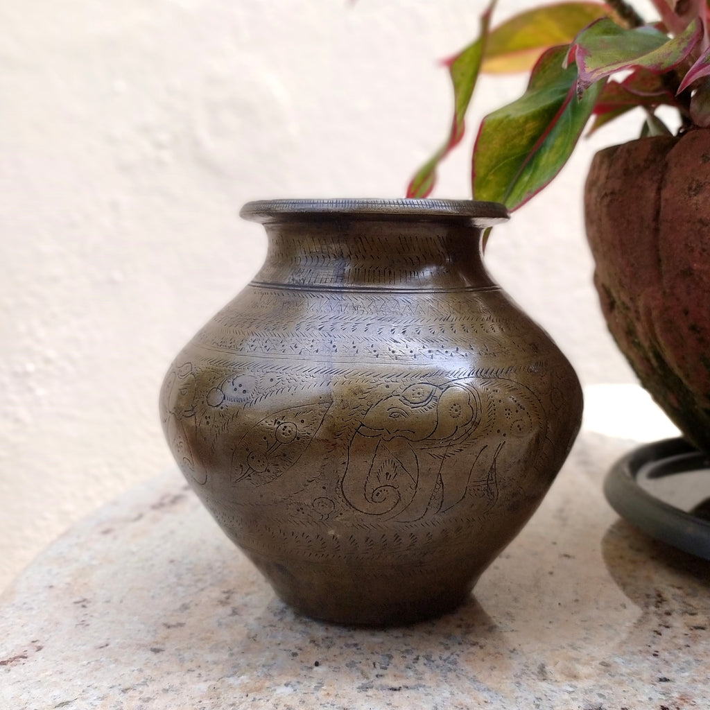 Vintage Brass Lota - Drinking Water Vessel Engraved With Elephants. Height 14 cm x Diameter 10 cm