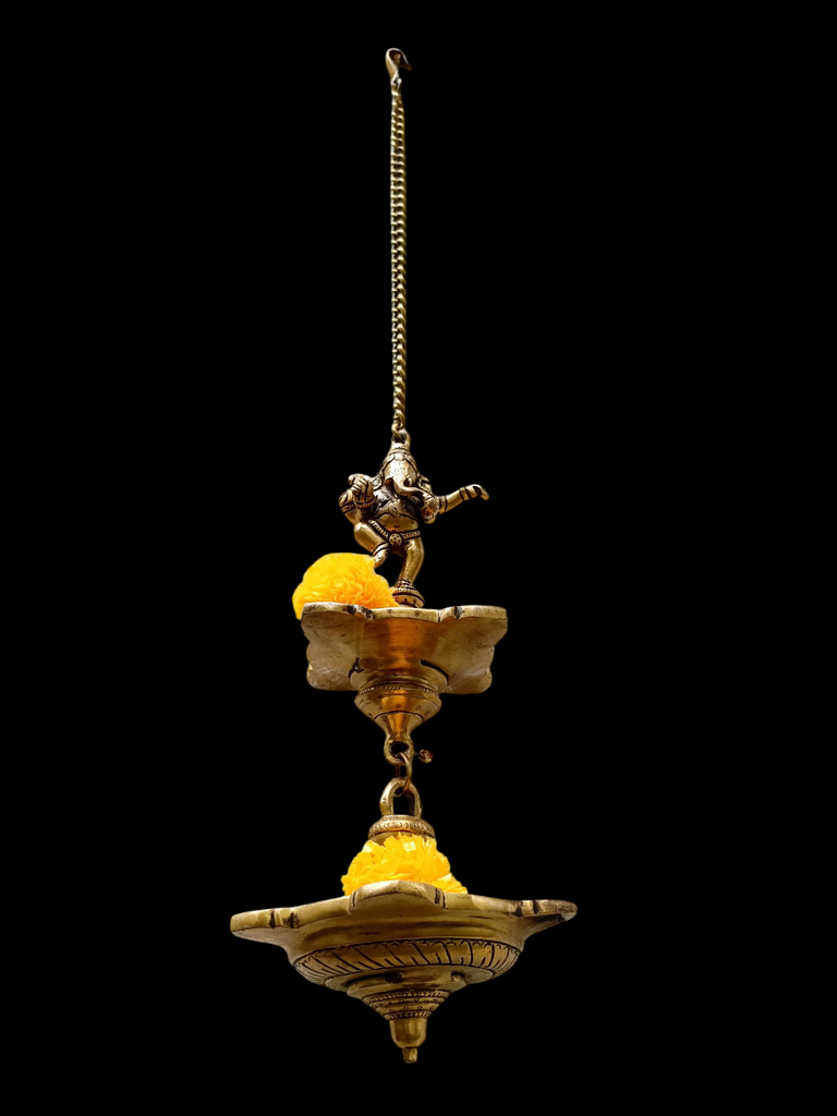 Vintage Brass 2 Tier Ganesh Lamp With 9 Diyas- Length 77 cm