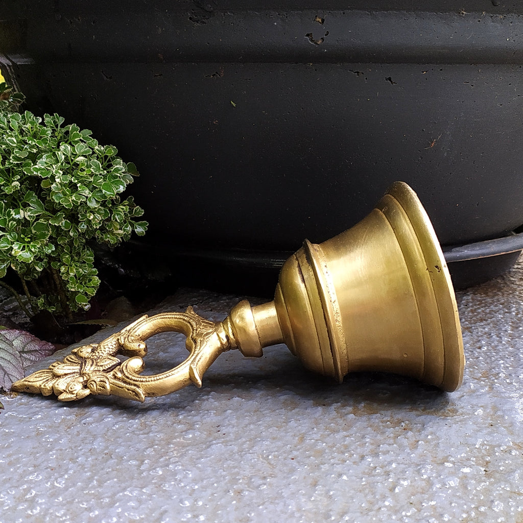 Magnificent Brass Temple Bell With Twin Peacocks. Height 22 cm x Diameter 11 cm