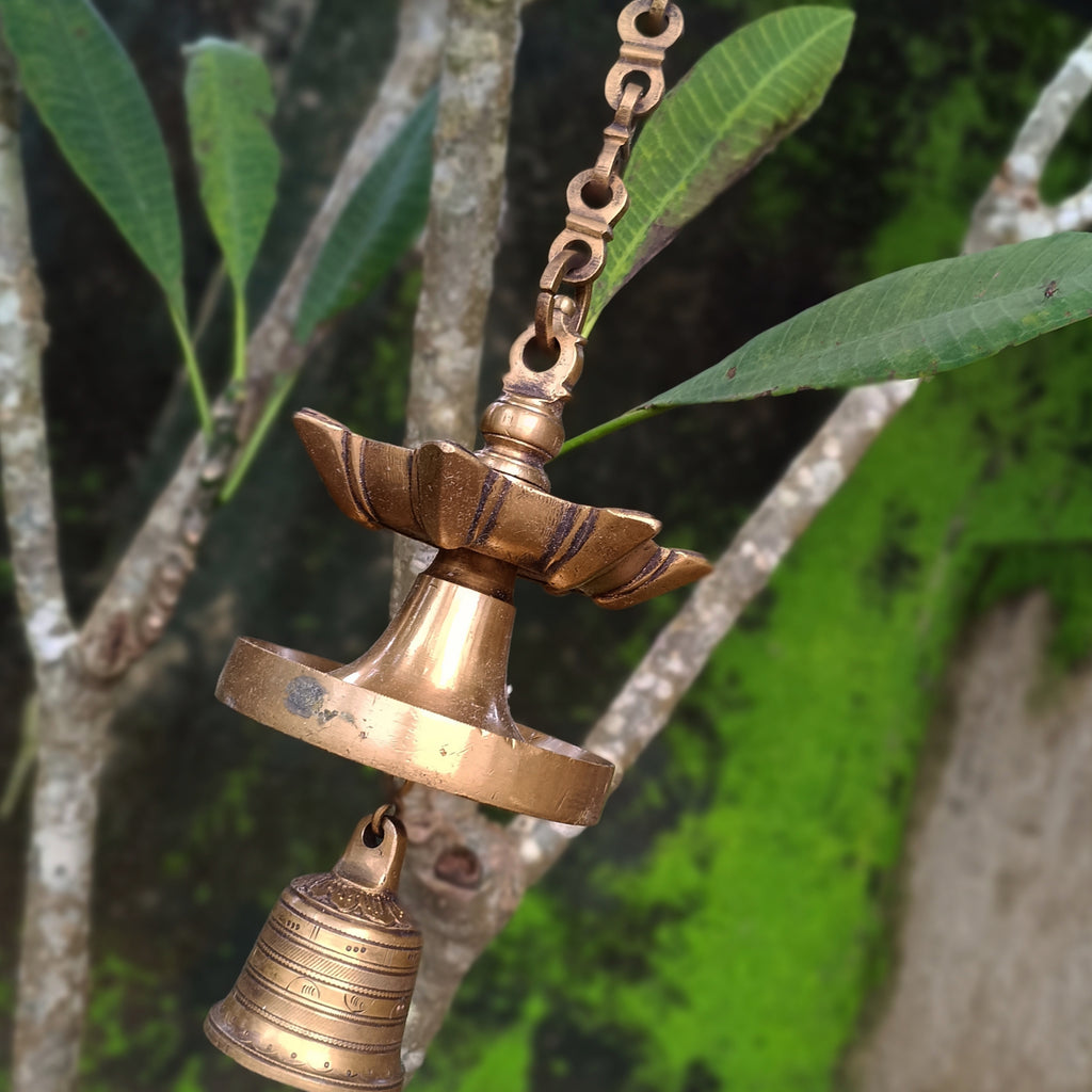 Vintage Brass Lamp With Bell - "Thooku Vilakku" From South India. Length 78 cm x Diameter 13 cm