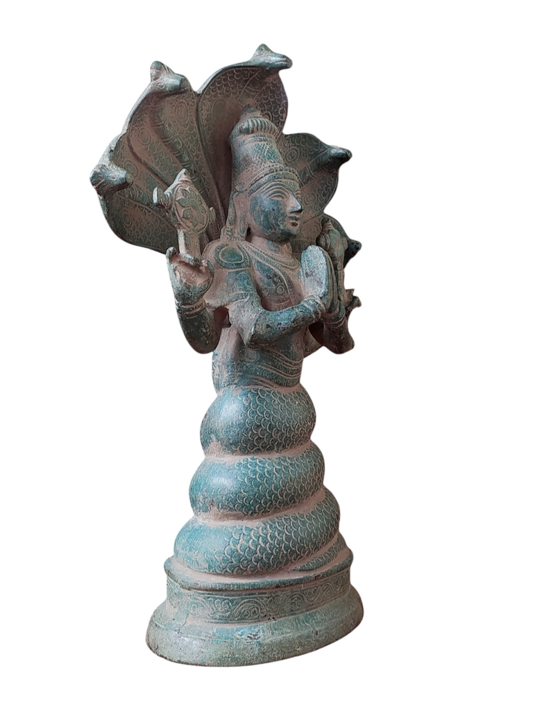 Magnificent Brass Statue of Lord Patanjali with 5 Naags in Green Patina Finish. Height 40 cm