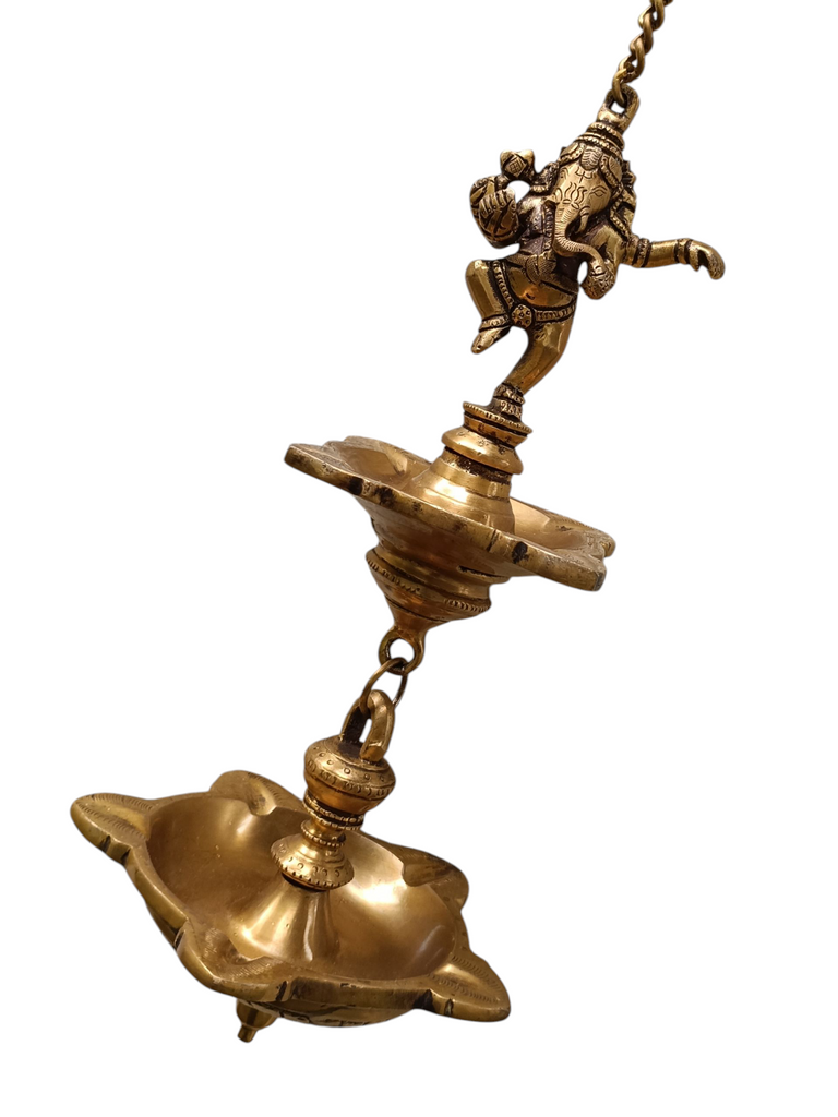 Vintage Brass 2 Tier Ganesh Lamp With 9 Diyas- Length 77 cm