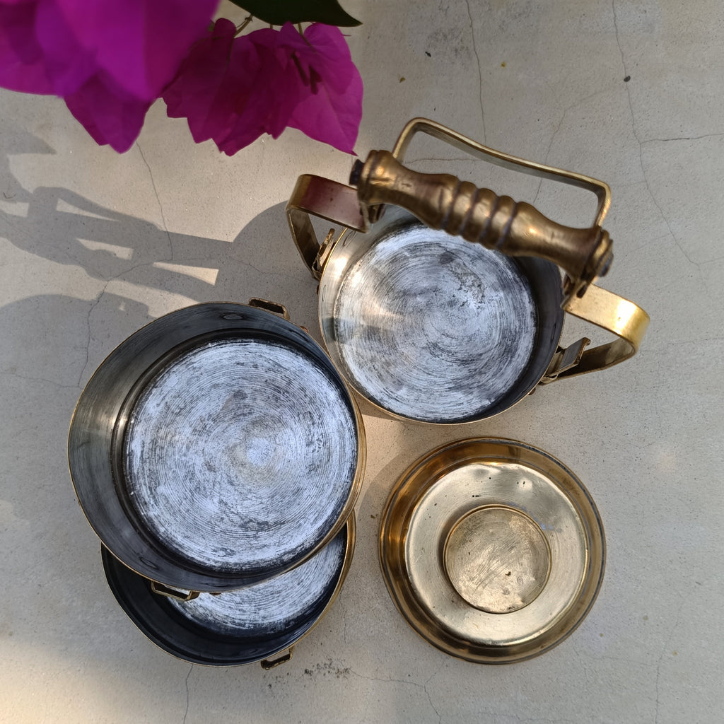 Vintage Brass Tiffin With 3 Containers. Height 26 cm x Diameter 11 cm