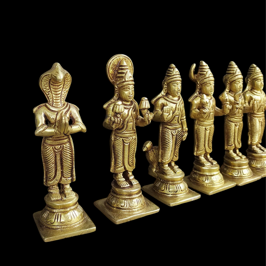 Divine collection of 9 Navagraha brass idols - Celestial bodies Affecting Human Life. Height 13.5 cm