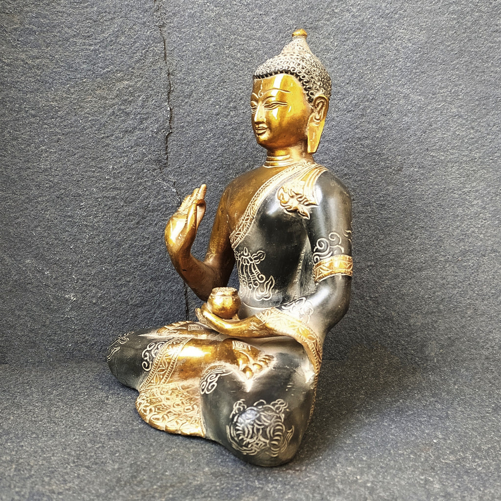 Vintage Brass Sculpture Of Buddha In Vitarka Mudra Posture. Ht 23 cm x W 17 x D 10 cm