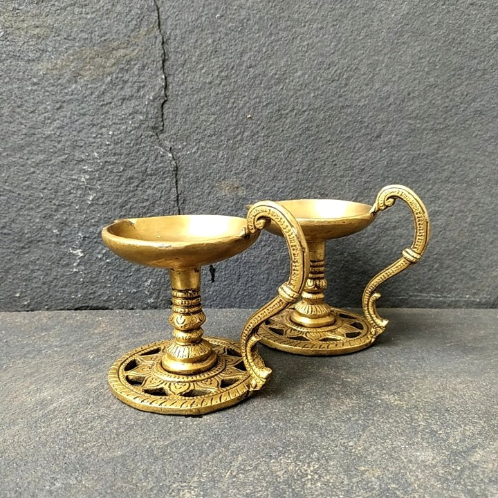 Pair Of Handcrafted Brass Lamps | Diyas  - Length 13.5 cm x Diameter 8.5 cm x Height 10 cm