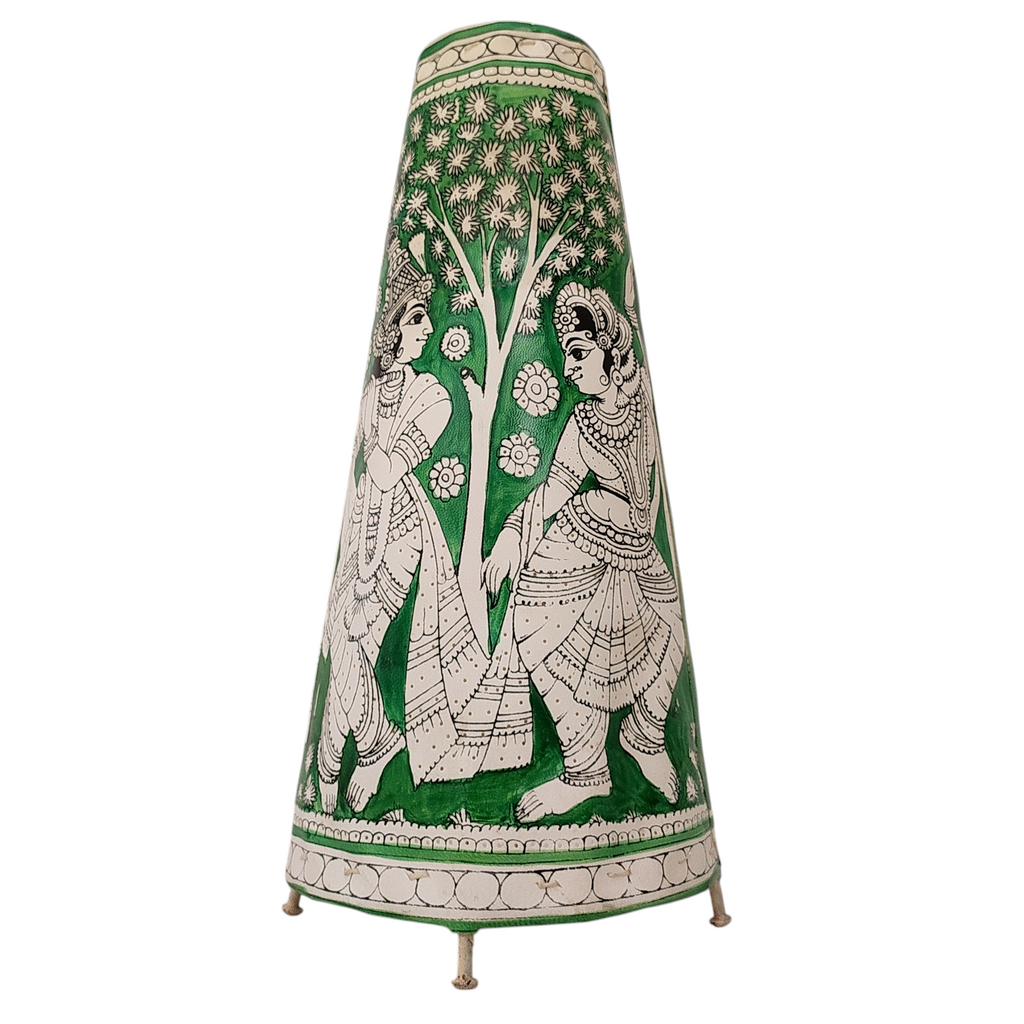 Kalamkari Style Leather Lampshade Depicting Radha Krishna In Colours of Vibrant Green & White. Height 44 cm