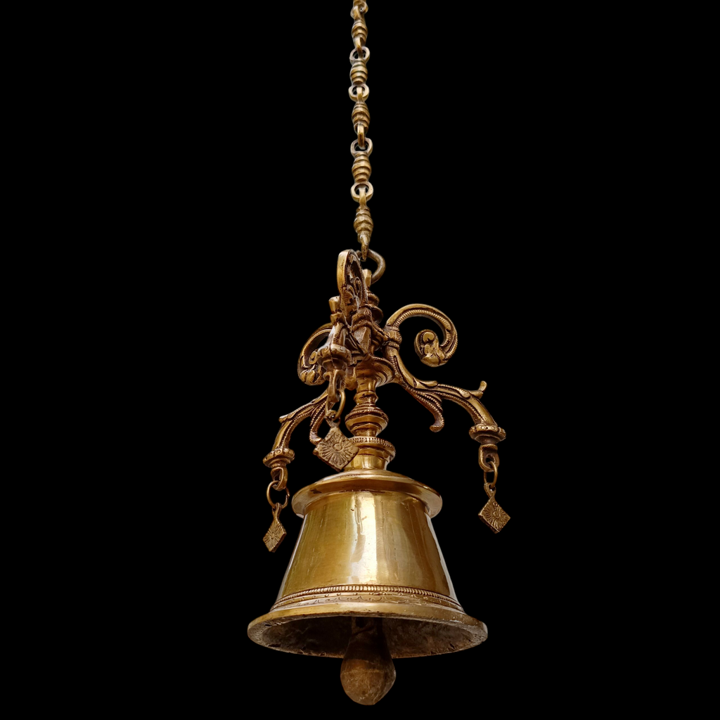 Magnificent Brass Temple Bell On Chain. Length 77 cm x Diameter Of Bell 12.5 cm