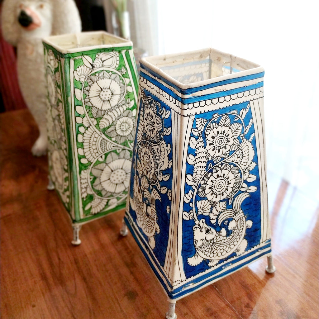 Pair Of Kalamkari Style Leather Lamps In Colours of Vibrant Green & Indigo Blue. Height 24 cm