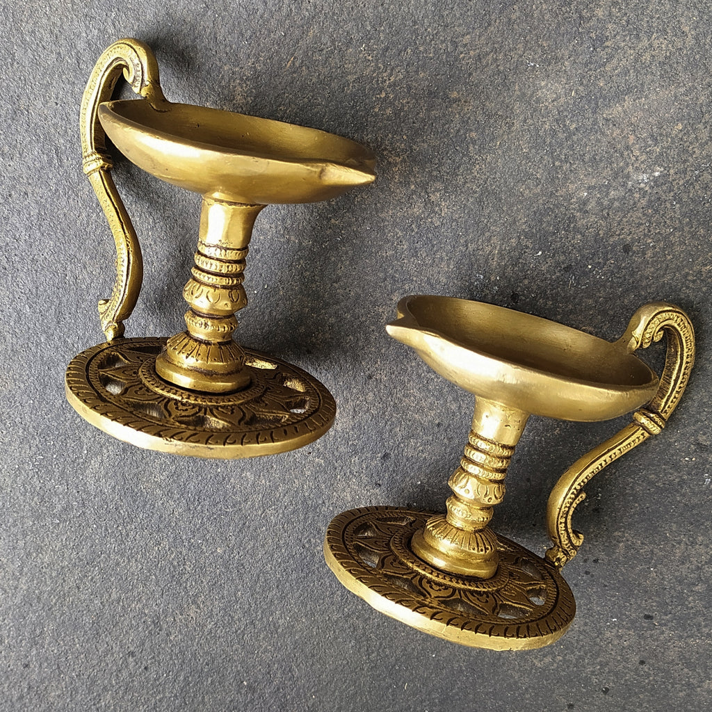 Pair Of Handcrafted Brass Lamps | Diyas  - Length 13.5 cm x Diameter 8.5 cm x Height 10 cm