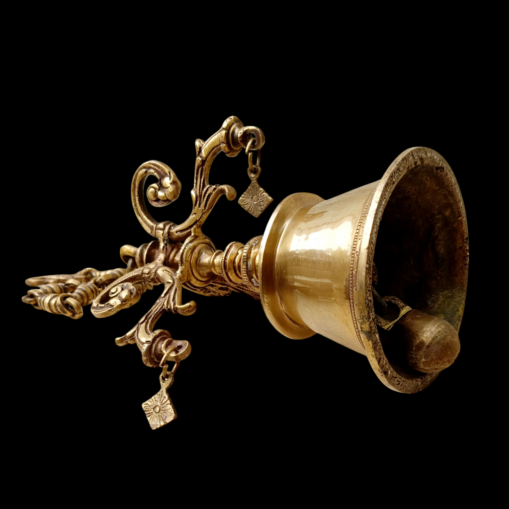 Magnificent Brass Temple Bell On Chain. Length 77 cm x Diameter Of Bell 12.5 cm