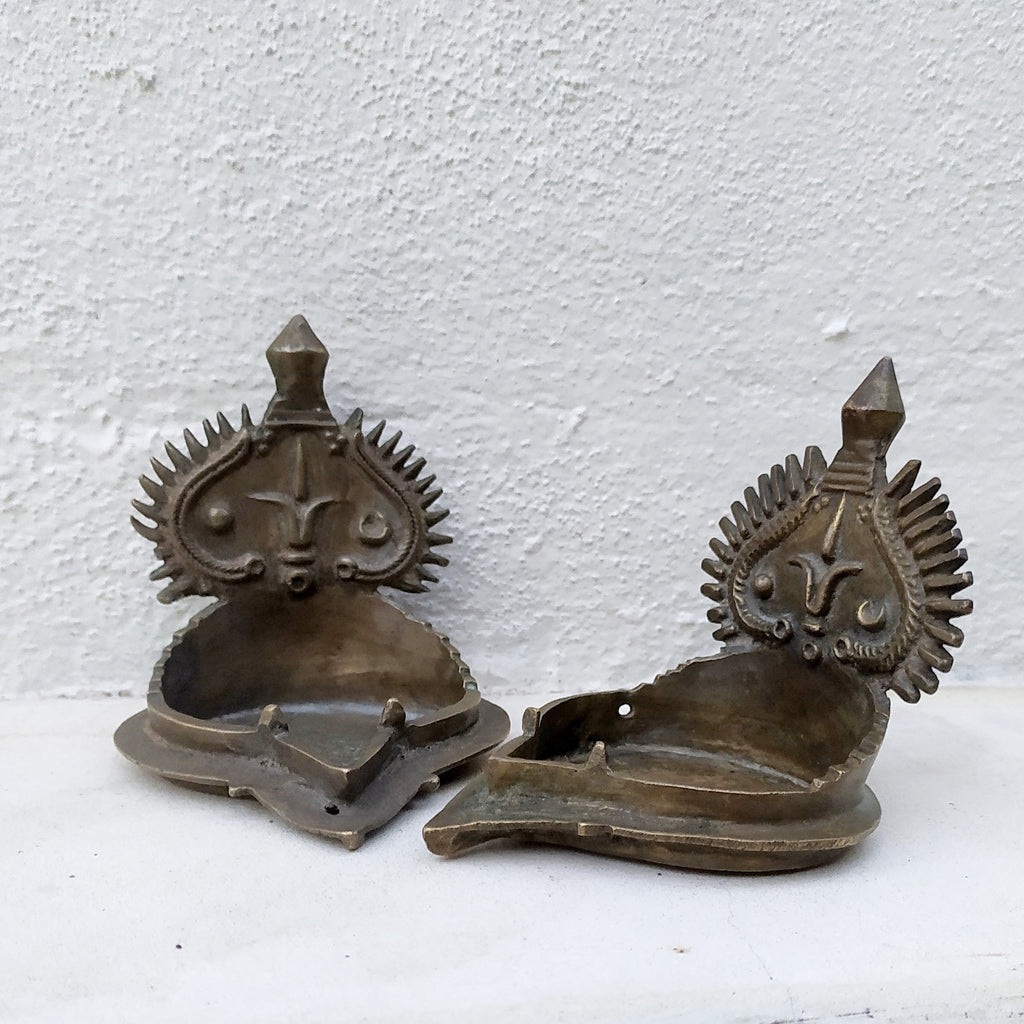 Traditional Pair of Brass Vishnu Oil Lamps from South India. Height 10 x Width 9 cm