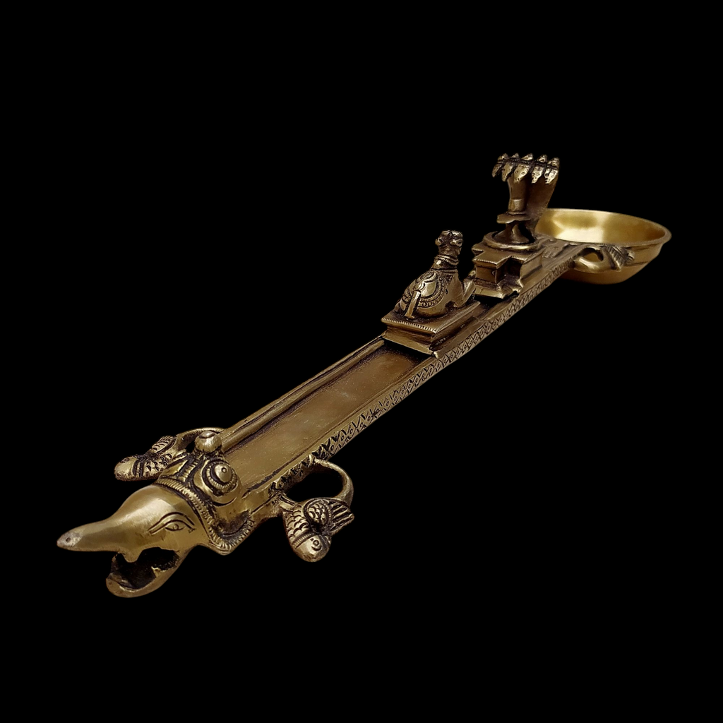 Majestic Brass Ritual Spoon or Uddharani with Nandi and Shiva Linga - L 59 cm x Ht 10 cm