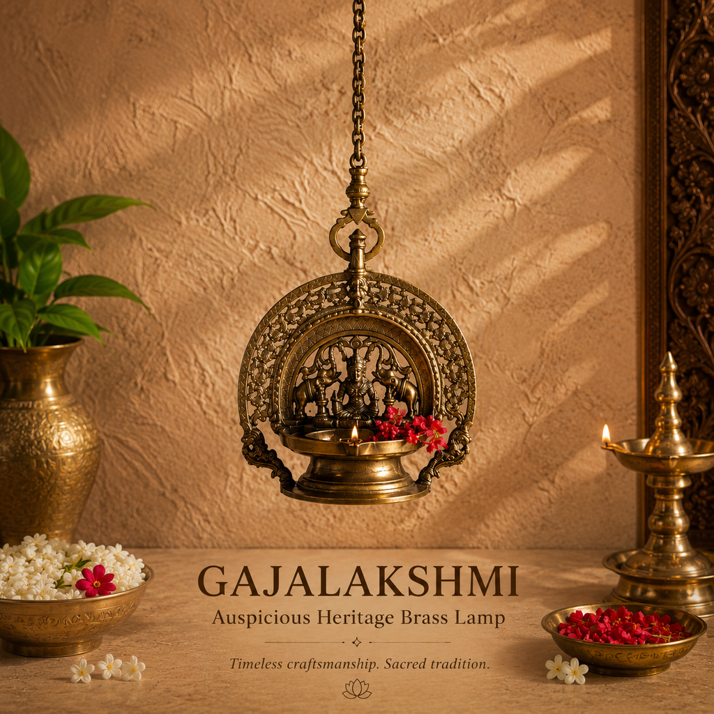 Traditional GajaLaxmi Vilakku Auspicious Oil Lamp From Kerala - 90 cm Length