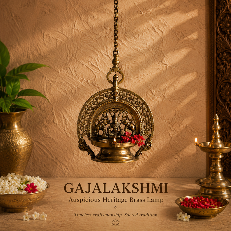 Traditional GajaLaxmi Vilakku Auspicious Oil Lamp From Kerala - 90 cm Length