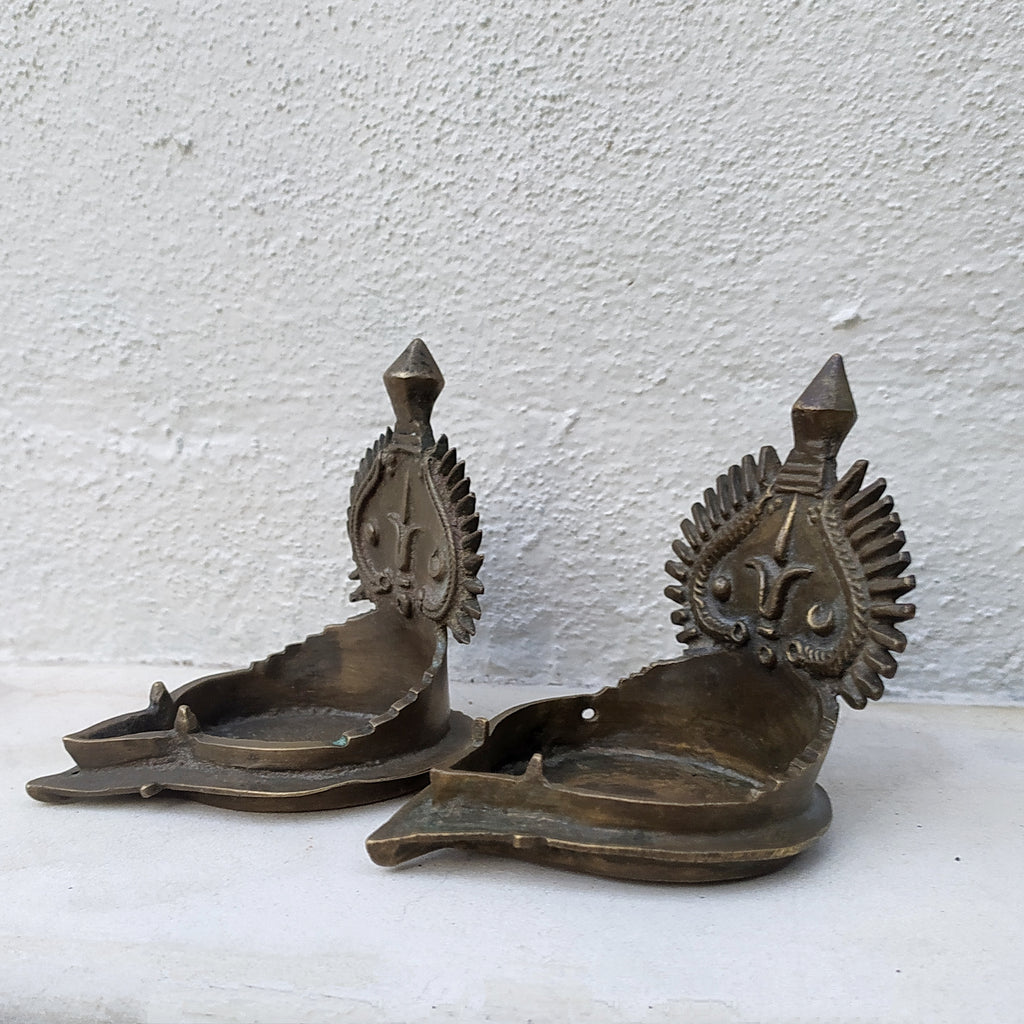 Traditional Pair of Brass Vishnu Oil Lamps from South India. Height 10 x Width 9 cm