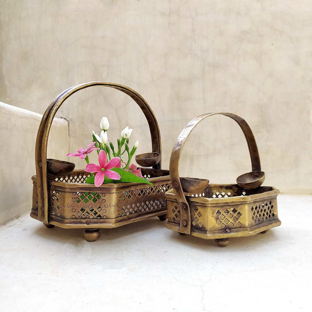 Pair Of Traditional Vintage Brass Flower Baskets, Poola Sajja, L 16 cm & 12 cm