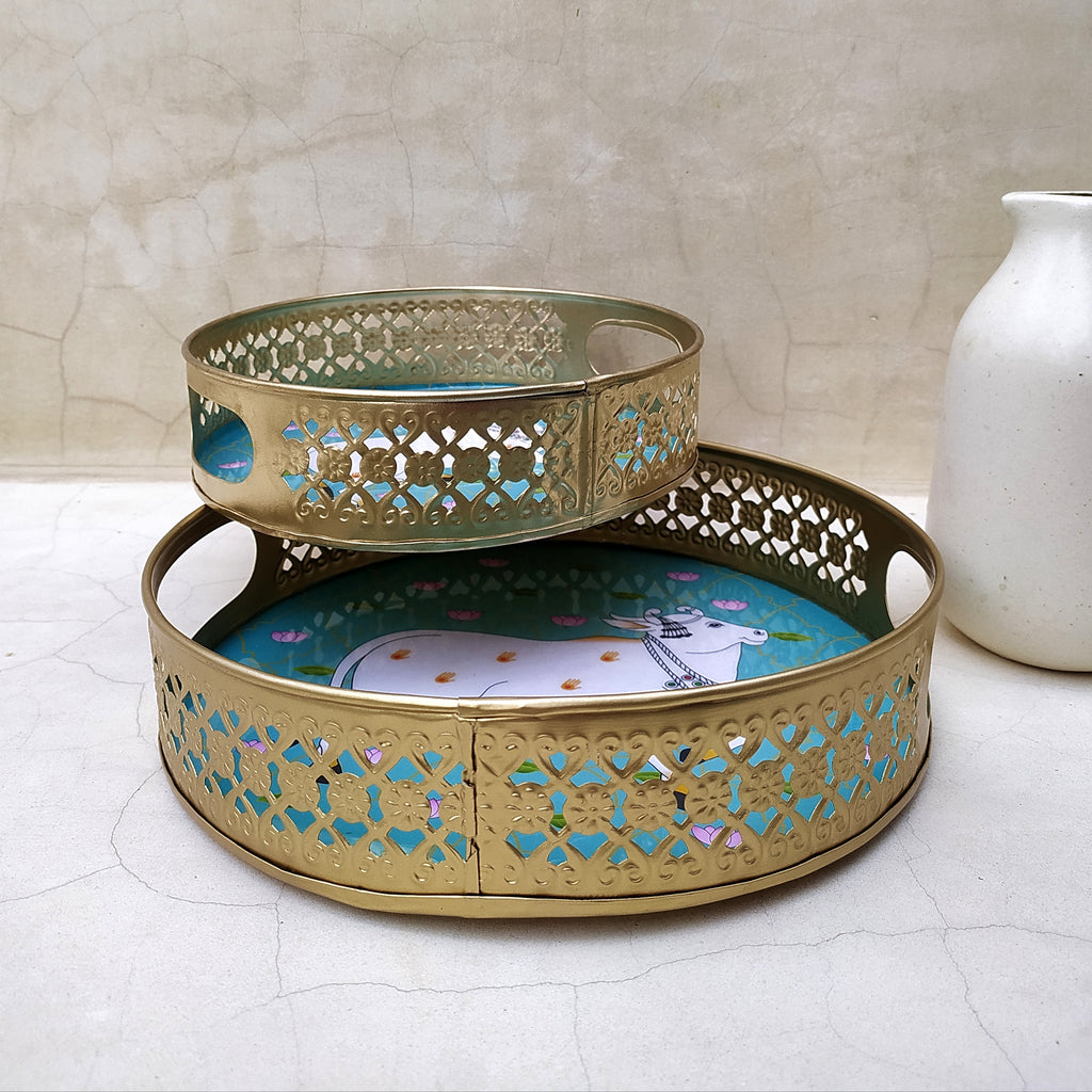 Pair Of Exquisite Round Metal Trays With Pichwai Art Of Nandi. Diameter 25 & 20 cm