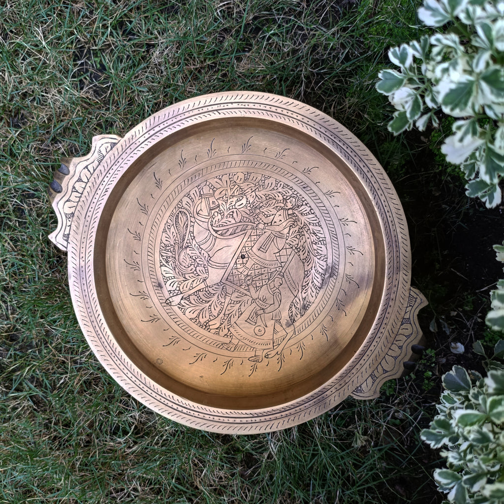 The Emperors Urli - Hand Engraved with A Majestic Camel And Mahout On Hunt. Diameter 25 cm x Ht 9 cm