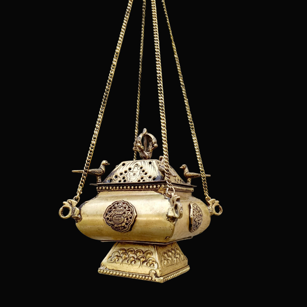 Tibetan Style Copper Incense Burner With Peacocks and Chains - L 42 cm x W 15 cm