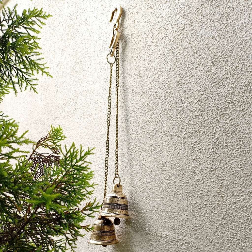 Exquisite Pair Of Brass Temple Bells With Chains. Length 45 cm x Dia 7 cm