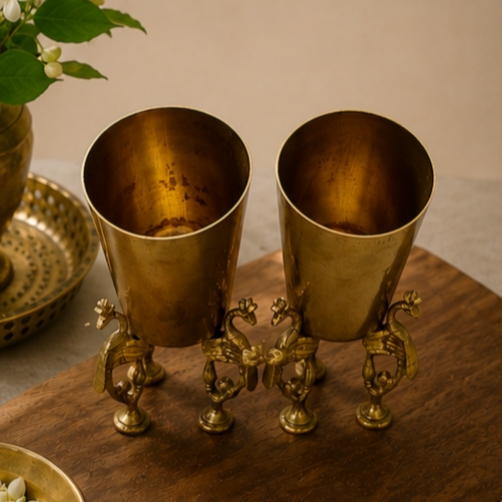 Vintage Pair of Brass Tumblers With Peacocks – A Regal Blend of Heritage & Craftsmanship