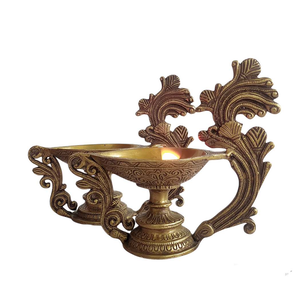 Ornate Pair of Brass Oil Vilakkus | Diyas. Length 21 cm x Height 18 cm x Width 10 cm