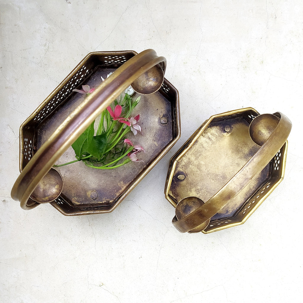 Pair Of Traditional Vintage Brass Flower Baskets, Poola Sajja, L 16 cm & 12 cm