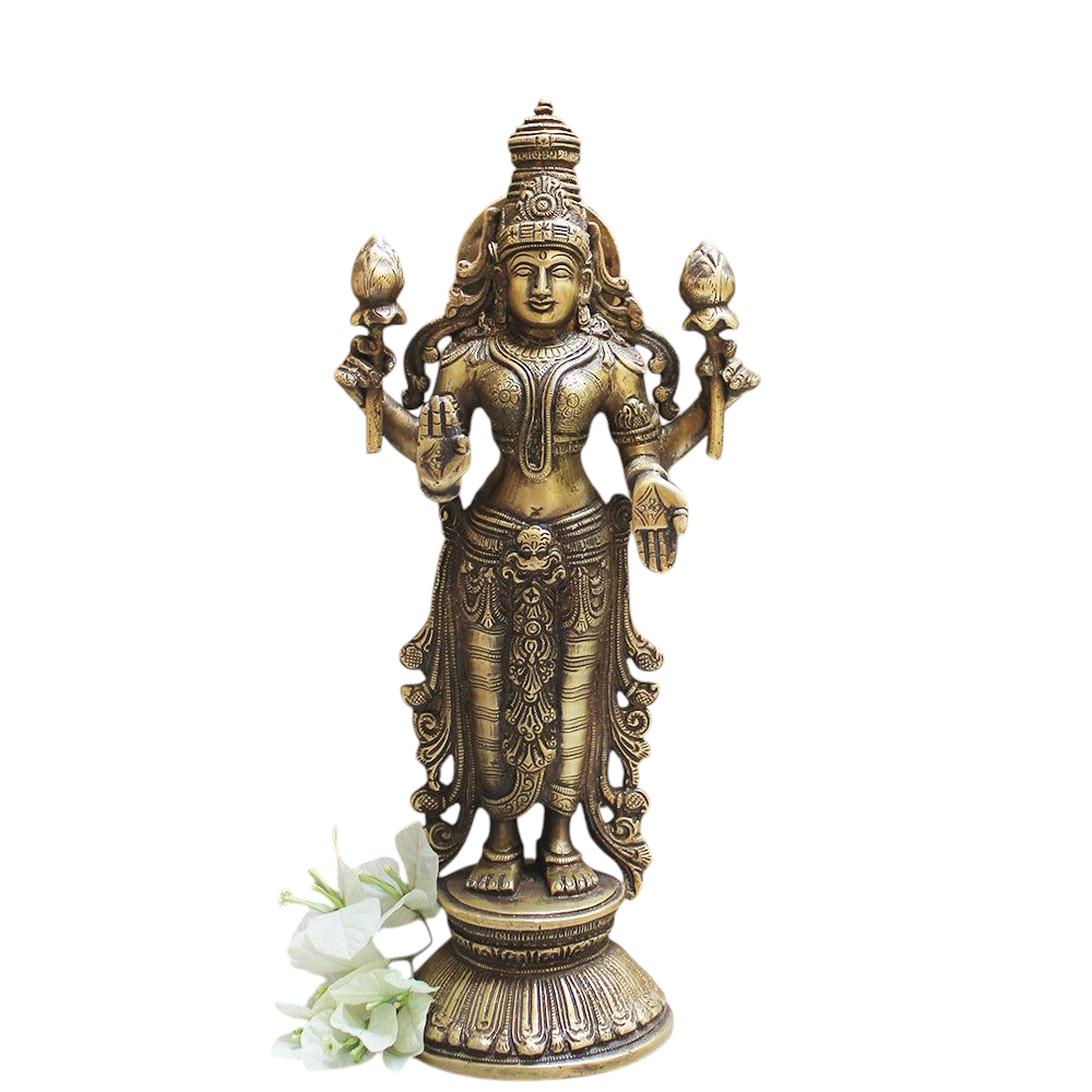 Majestic Brass Sculpture of Lakshmi - Goddess Of Wealth & Prosperity.  Ht 32 cm x Width 15 cm