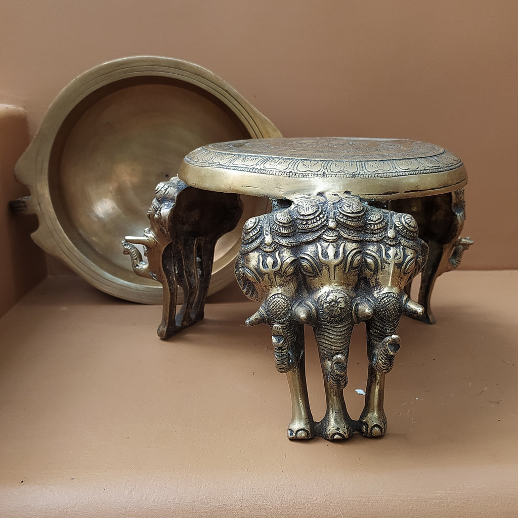 Brass Chowki With Elephant Legs & Brass Urli - Chowki Diameter 23 cm | Urli 25 cm