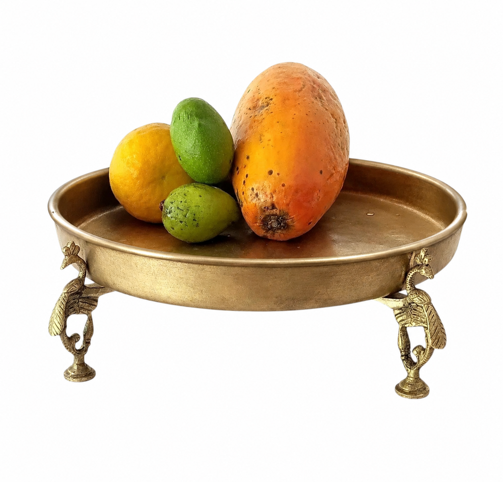 Brass Thaali Crafted With 4 Peacock shaped Legs - Diameter 28 cm x Height 9 cm