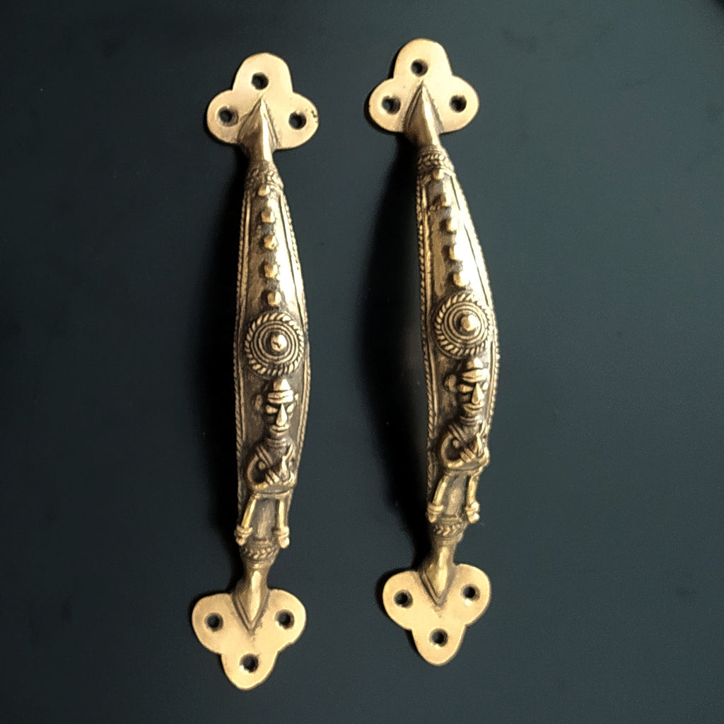 Magnificent Pair of Vintage Brass Tribal Door Handles. Length 25 cm