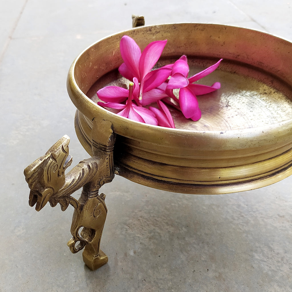 Traditional Brass Urli Handcrafted With 3 Mythical Yali Legs. Diameter 22 cm x Height 16 cm