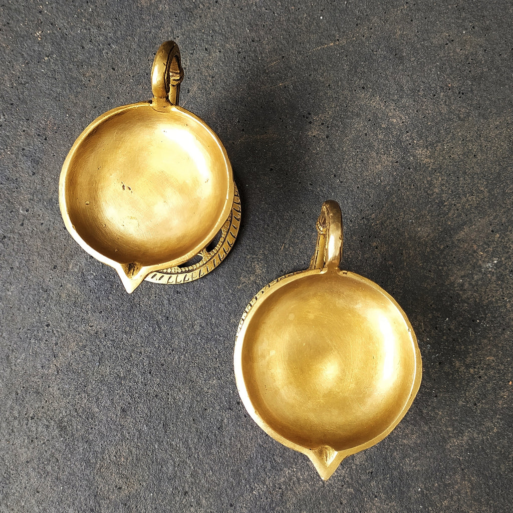 Pair Of Handcrafted Brass Lamps | Diyas  - Length 13.5 cm x Diameter 8.5 cm x Height 10 cm