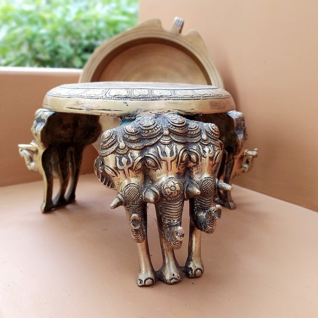 Brass Chowki With Elephant Legs & Brass Urli - Chowki Diameter 23 cm | Urli 25 cm