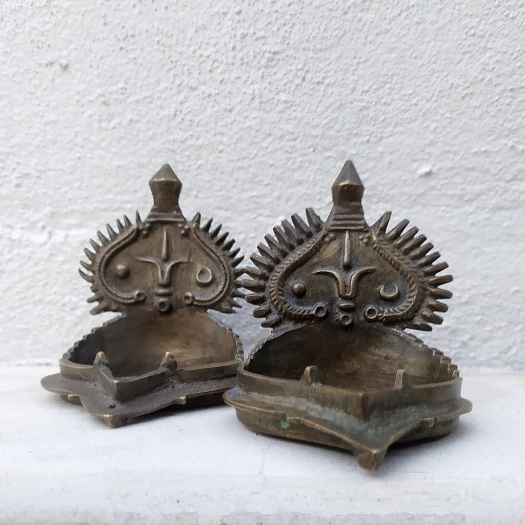 Traditional Pair of Brass Vishnu Oil Lamps from South India. Height 10 x Width 9 cm