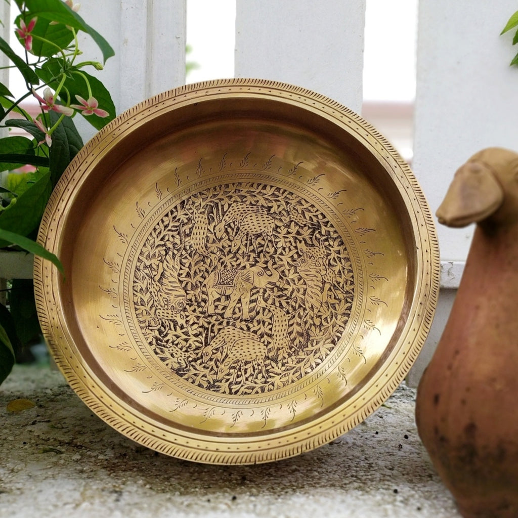 Captivating Brass Urli Hand Engraved With Flora & Fauna. Diameter 30 cm x Ht 11 cm